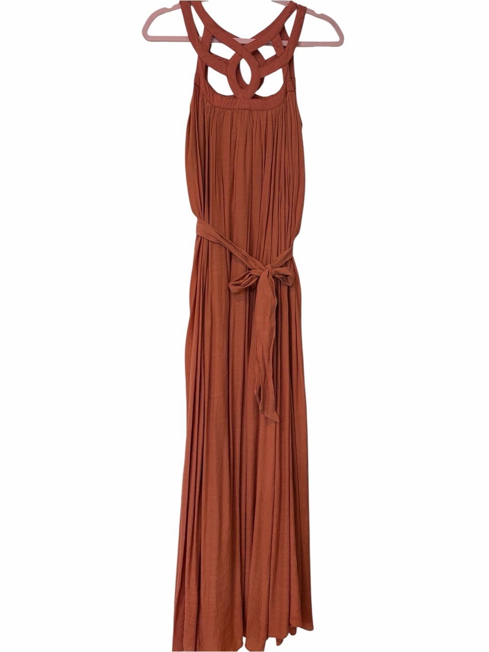 Boho Rust Maxi Dress with Self-Tie Waist